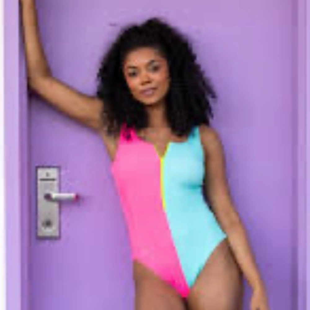 Pink Lily Neon Pink and Aqua One Piece